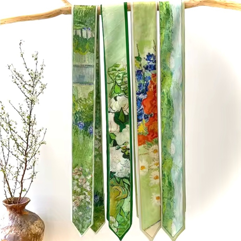 Artistic Silk Skinny Scarf with VanGogh Design - Picture 4 of 4